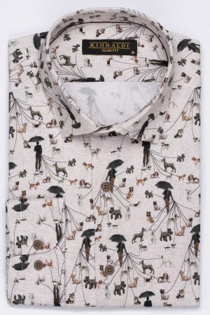 Cămașă bej cu print smart casual  din bumbac