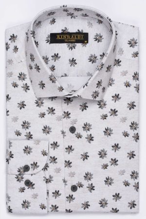 Cămașă clasică bej cu print digital din bumbac