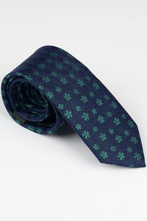 Cravată print cu flori verzi pe fond bleumarin